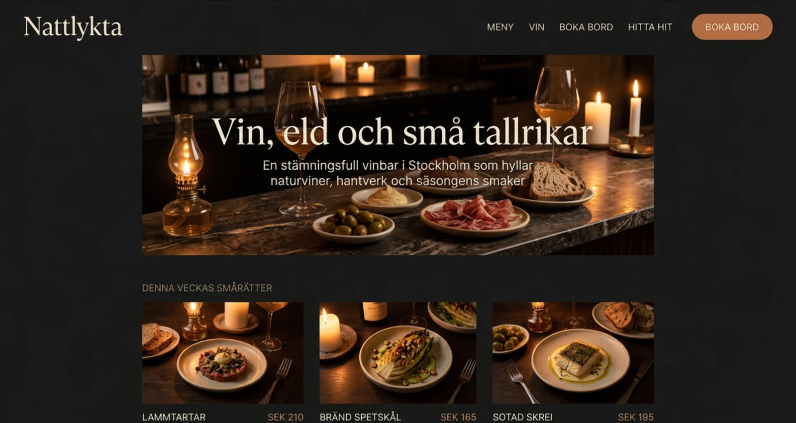Designkoncept: startsida för Nattlykta, vinbar och bistro