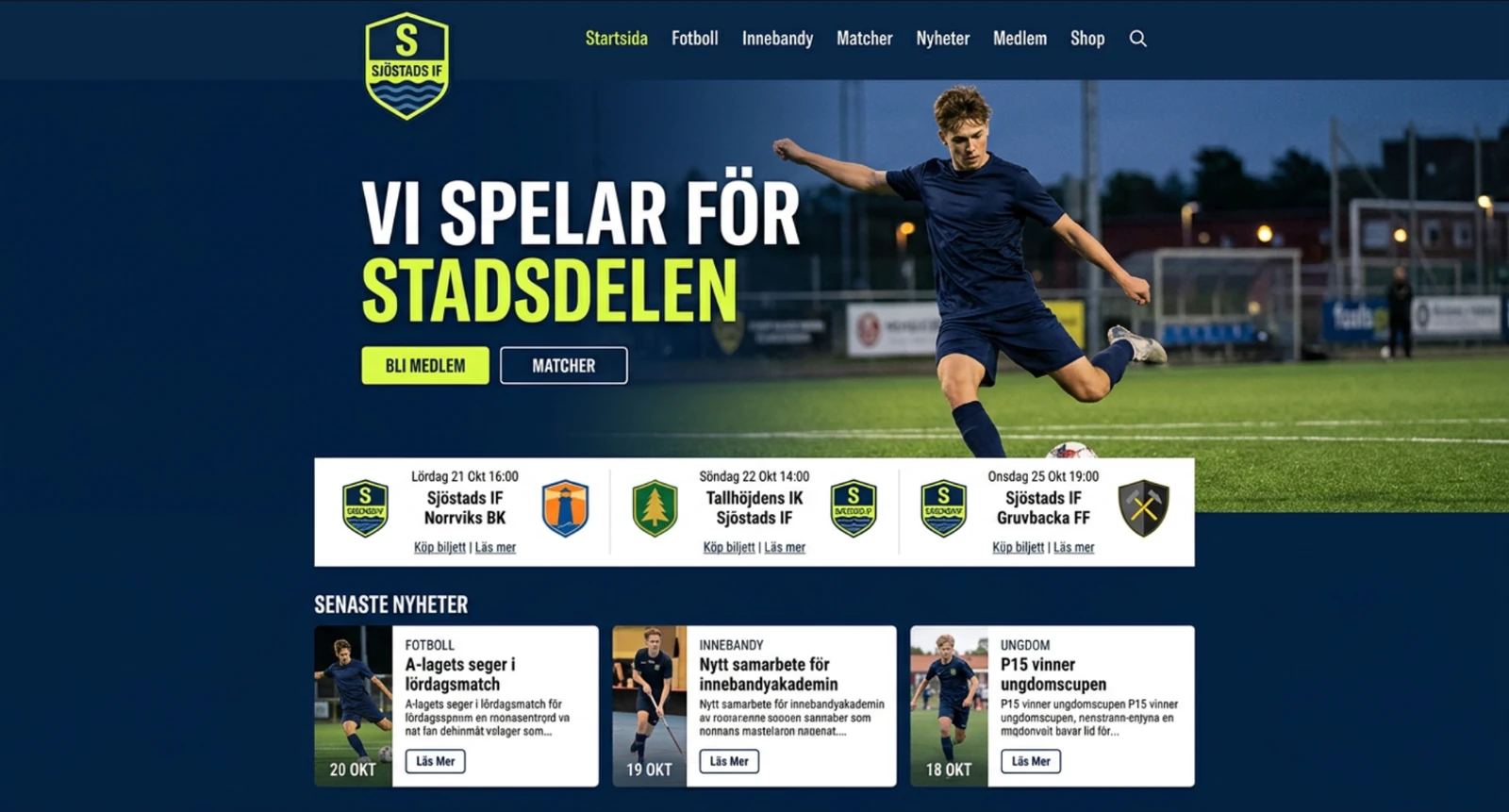 Designkoncept: startsida för Sjöstads IF, idrottsförening