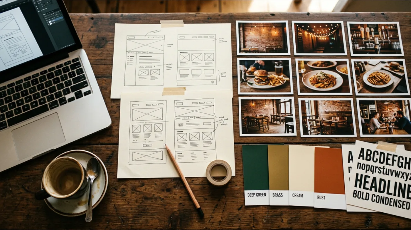 Moodboard med skisser, färgprover och typsnitt